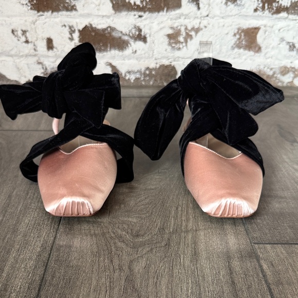 Zara Pink Satin Ballet Slingbacks with Black Ankle Tie - Picture 2 of 9